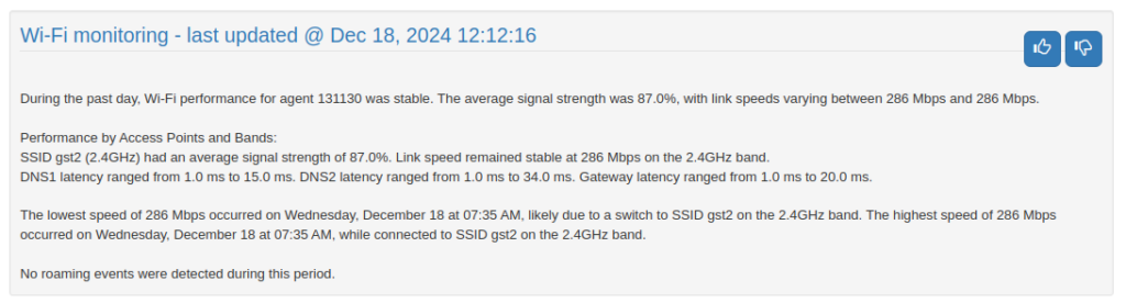 Wi-Fi performance monitoring with signal and speed details.